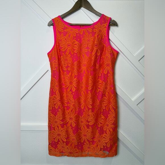 NWT Karin Stevens Sleeveless Pink Shift Dress With Orange Lace Overlay Size 16 - Picture 1 of 8
